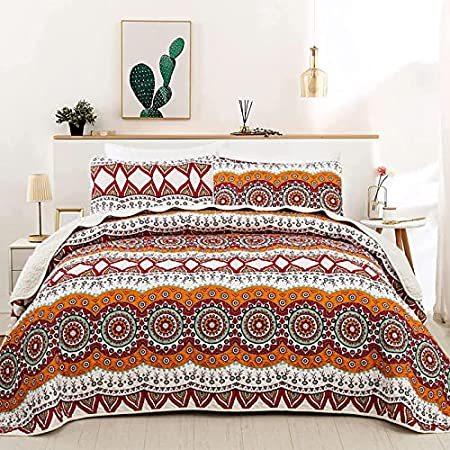 Orange Boho Quilt Set King,Floral Bohemian Geometric Bedspread with 2 Pillo