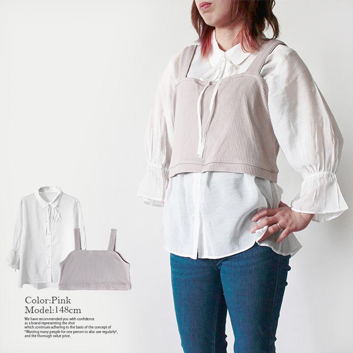 ビスチェ トップス 2点セット シャツ シアーシャツ ニットビスチェ アンサンブル パフスリーブ キャンディースリーブ 長袖 リボン 重ね着 |  | 11