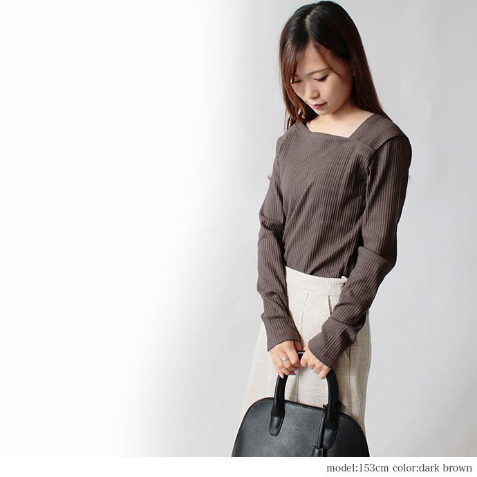 カットソー Tシャツ トップス リブカットソー 長袖 テレコ アシメショルダー アシメネック レディース 送料無料 |  | 16