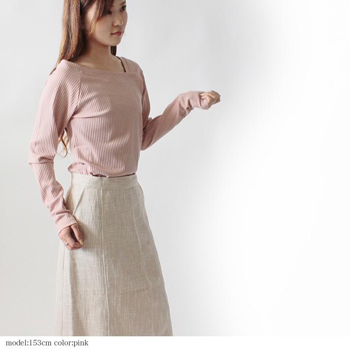 カットソー Tシャツ トップス リブカットソー 長袖 テレコ アシメショルダー アシメネック レディース 送料無料 |  | 18