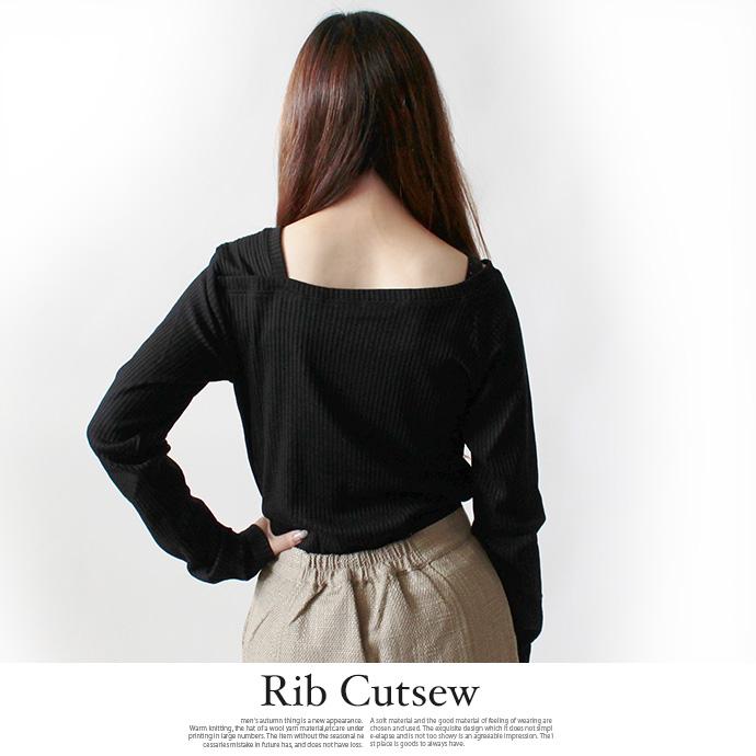 カットソー Tシャツ トップス リブカットソー 長袖 テレコ アシメショルダー アシメネック レディース 送料無料 |  | 09