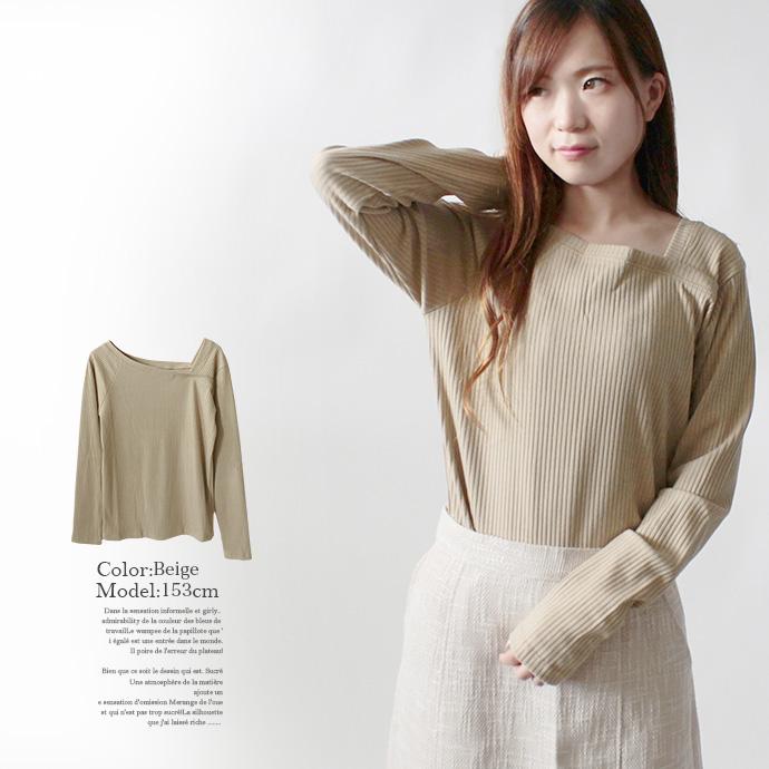 カットソー Tシャツ トップス リブカットソー 長袖 テレコ アシメショルダー アシメネック レディース 送料無料 |  | 12