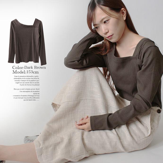 カットソー Tシャツ トップス リブカットソー 長袖 テレコ アシメショルダー アシメネック レディース 送料無料 |  | 15