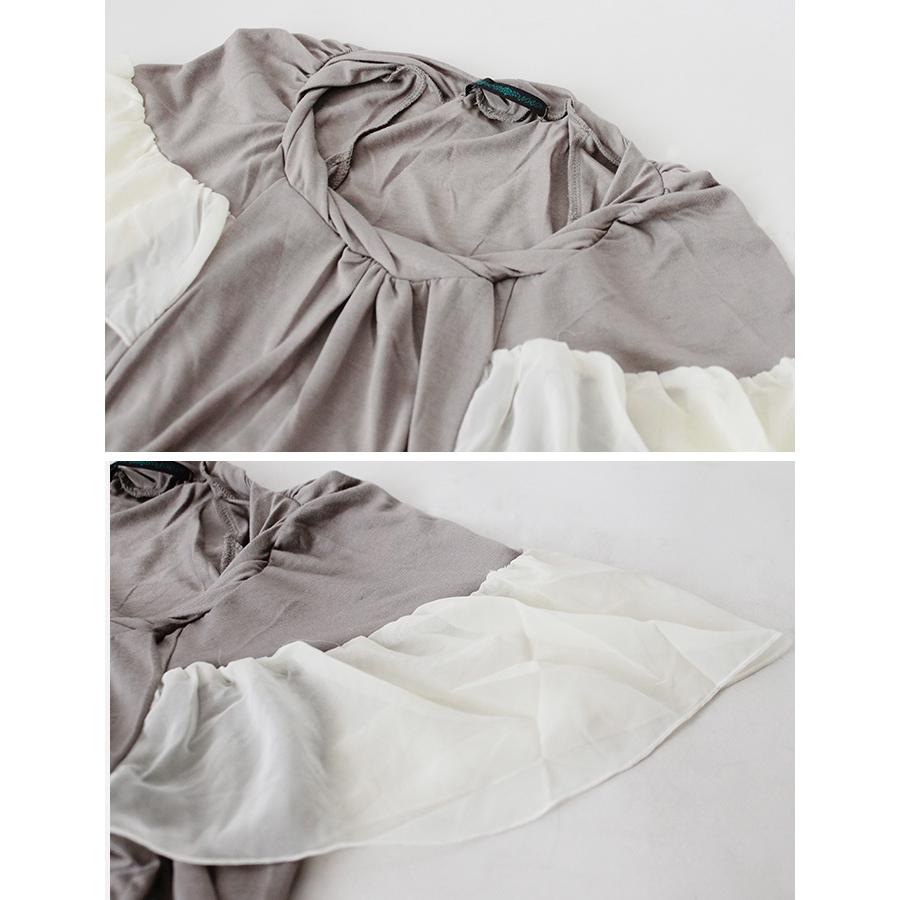 ブラウス カットソー チュニック トップス レディース ねじれ ネック フリル 切り替え 無地 異色 素材 Aライン 体型カバー (メ) |  | 10