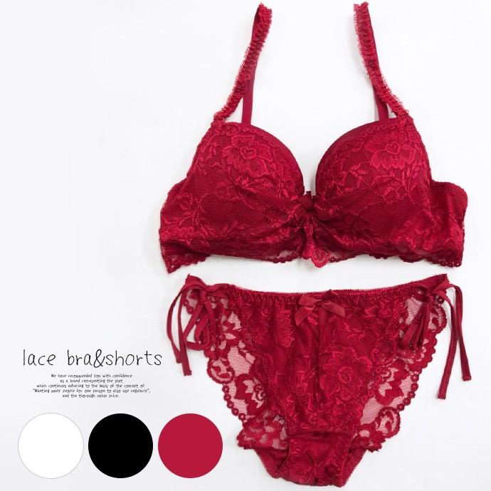 ブラジャー ブラショー 盛りブラ 盛り 谷間 ショーツ セット レース リボン 紐 紐パン セクシー 大人可愛い レディース 花 刺しゅう 透け | 