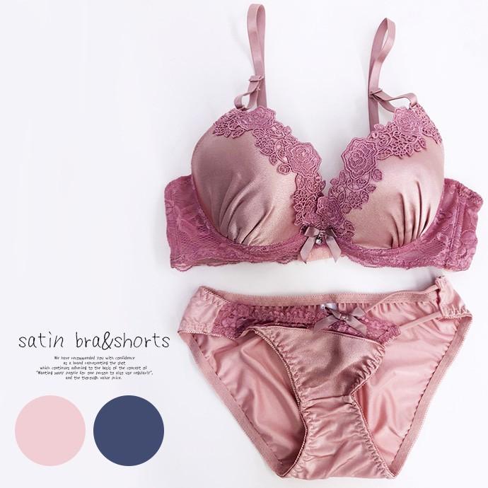 ブラジャー ブラショー 盛りブラ 盛り 谷間 ショーツ セット サテン レース リボン バラ 花 ビジュー セクシー 大人可愛い ネイビー ピンク 下着 レディース | 