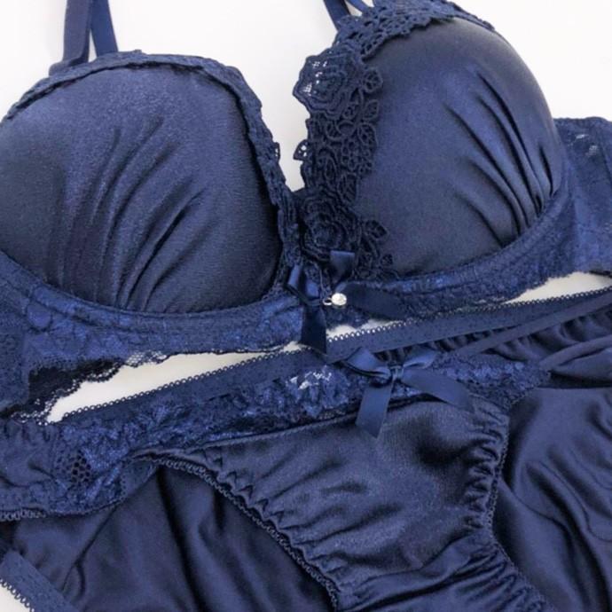 ブラジャー ブラショー 盛りブラ 盛り 谷間 ショーツ セット サテン レース リボン バラ 花 ビジュー セクシー 大人可愛い ネイビー ピンク 下着 レディース |  | 05