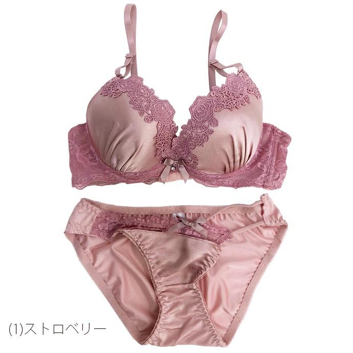 ブラジャー ブラショー 盛りブラ 盛り 谷間 ショーツ セット サテン レース リボン バラ 花 ビジュー セクシー 大人可愛い ネイビー ピンク 下着 レディース |  | 08
