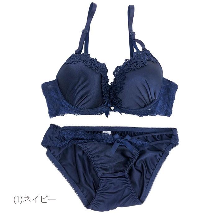 ブラジャー ブラショー 盛りブラ 盛り 谷間 ショーツ セット サテン レース リボン バラ 花 ビジュー セクシー 大人可愛い ネイビー ピンク 下着 レディース |  | 09