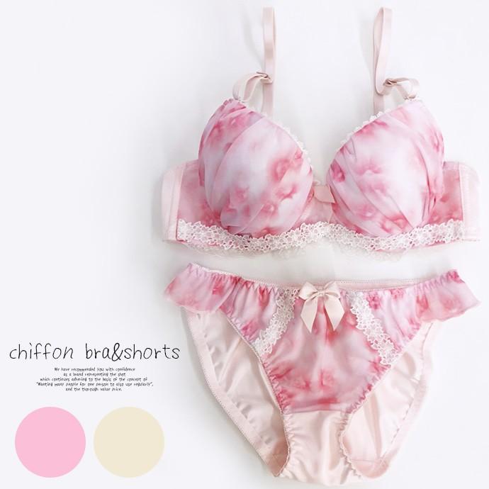 ブラジャー ブラ＆ショーツセット ブラショーセット 女性下着 レディース 盛りブラ 盛り 谷間 セット レース シフォン フリル リボン 桜 花 大人可愛い | 