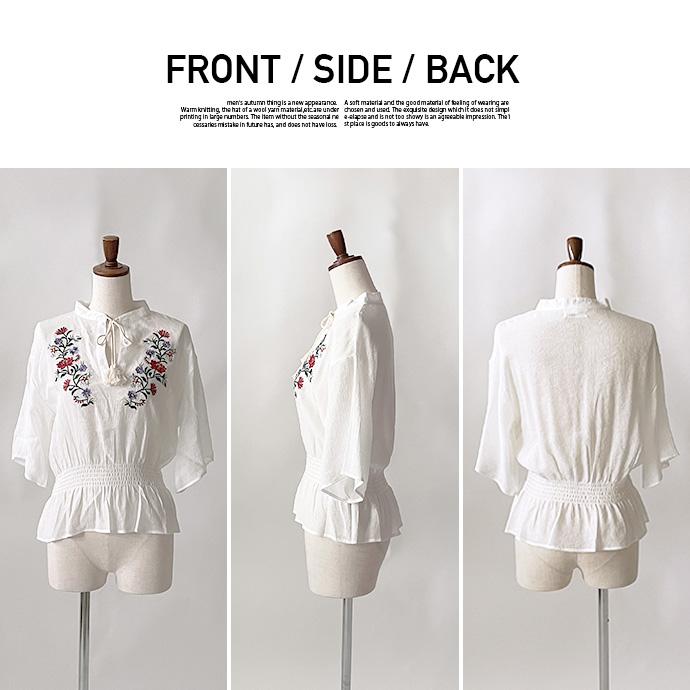 ブラウス シャツ トップス 七分袖 レディース 花柄 刺繍 Vネック