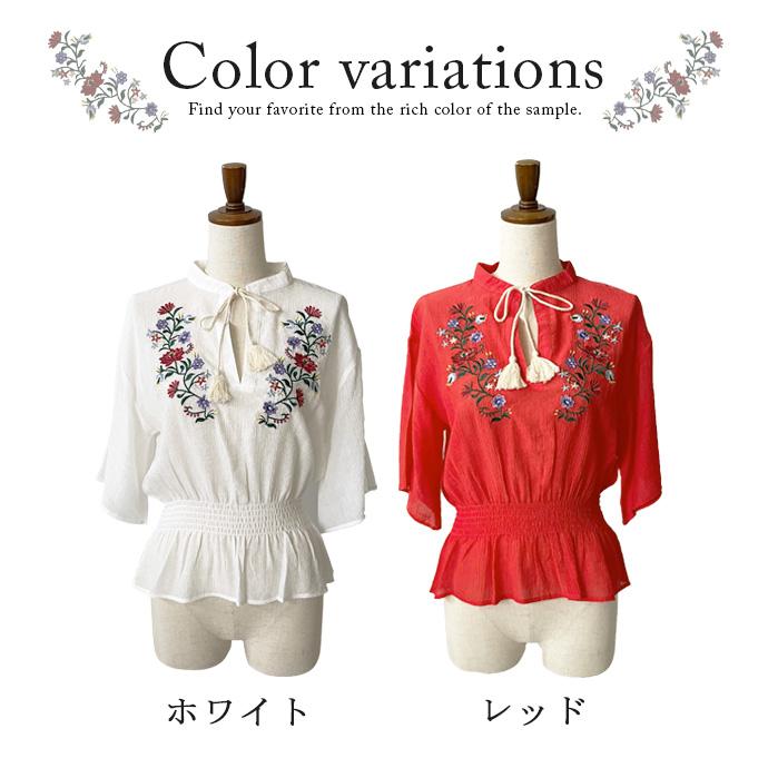ブラウス シャツ トップス 七分袖 レディース 花柄 刺繍 Vネック ブラウス シャツ トップス 七分袖 レディース 花柄 刺繍 Vネック