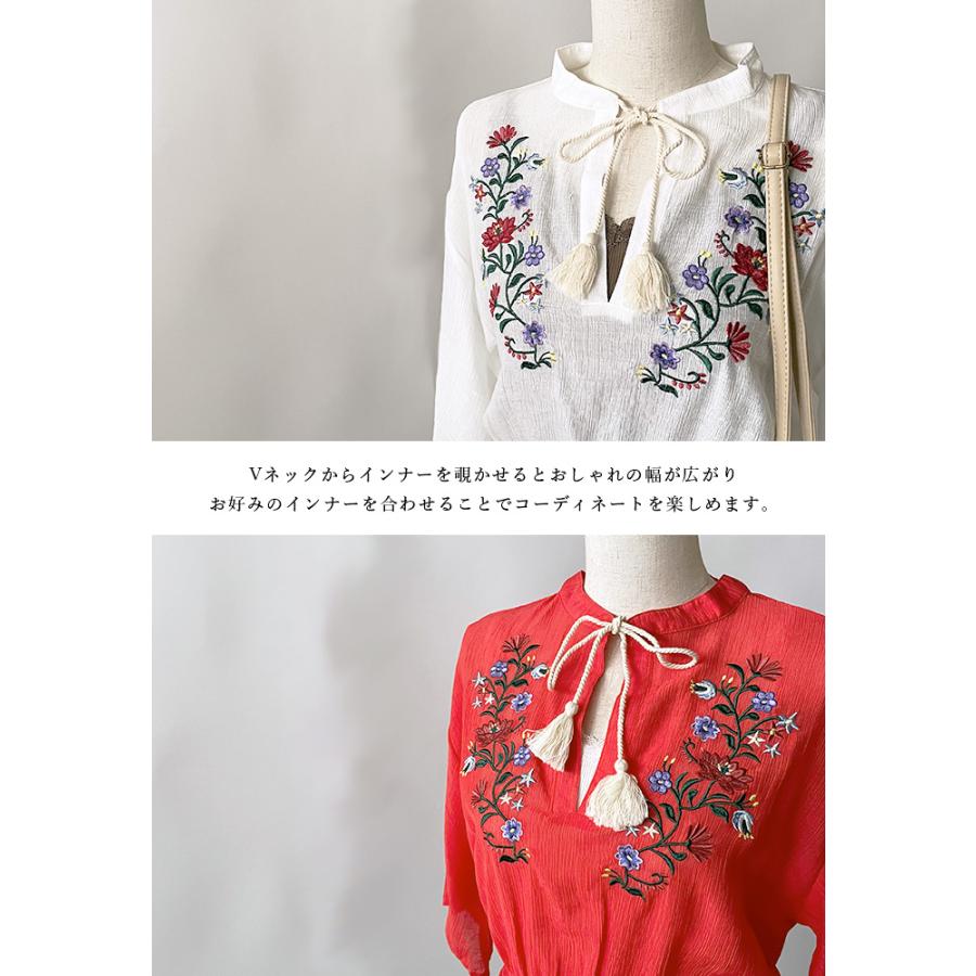 ブラウス シャツ トップス 七分袖 レディース 花柄 刺繍 Vネック