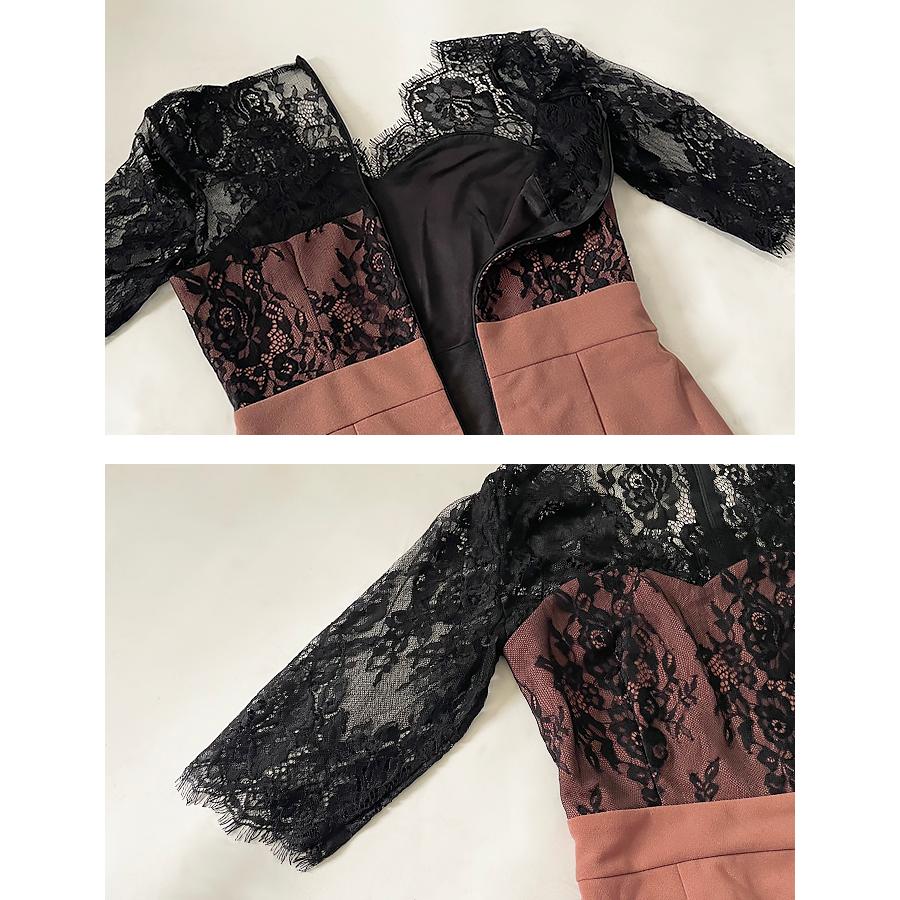 ドレス タイト ワンピース キャバ キャバドレス キャバ嬢 膝丈 袖付き シースルー レース パーティー リボン付き レーススリーブ バイカラー 送料無料 |  | 14