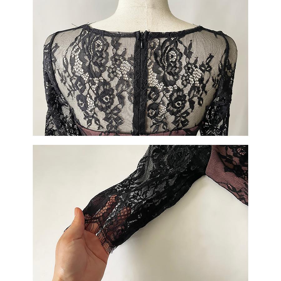 ドレス タイト ワンピース キャバ キャバドレス キャバ嬢 膝丈 袖付き シースルー レース パーティー リボン付き レーススリーブ バイカラー 送料無料 |  | 15