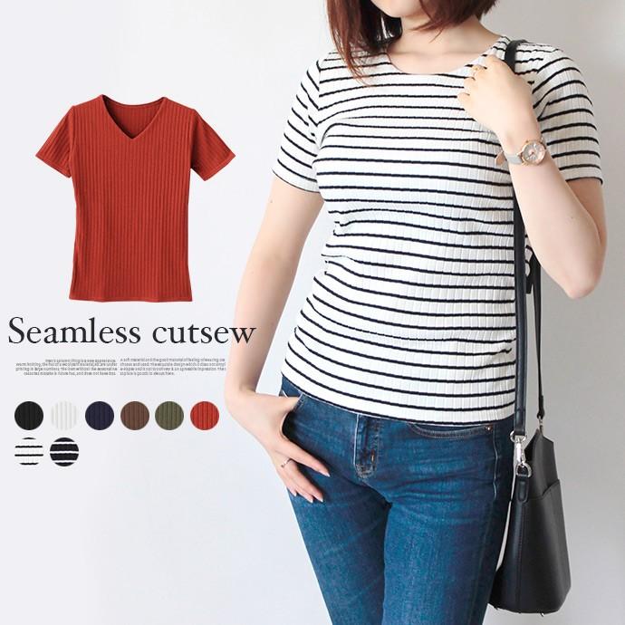 値下げ カットソー Tシャツ Tシャツ リブカットソー 半袖tシャツ レディース 半袖 なめらか シームレス Uネック Vネック 無地 ボーダー リブ メ Pm Pb9211 12 Shotーショットー 通販 Yahoo ショッピング
