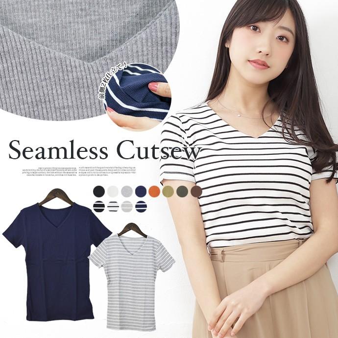 カットソー Tシャツ トップス 半袖tシャツ レディース シームレス テレコ 半袖 無地 ボーダー Vネック 値下げ Sale メ Tm Tb12 Shotーショットー 通販 Yahoo ショッピング