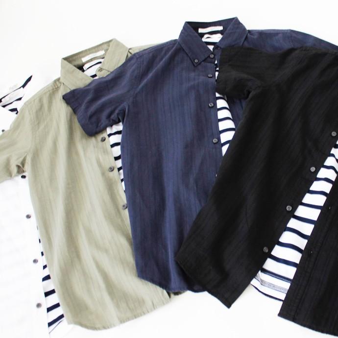 Tシャツ シャツ メンズ カジュアルシャツ 2点セット アンサンブル トップス 半袖 無地 ボーダー ボタンダウン ポケット 重ね着 メール便 ...