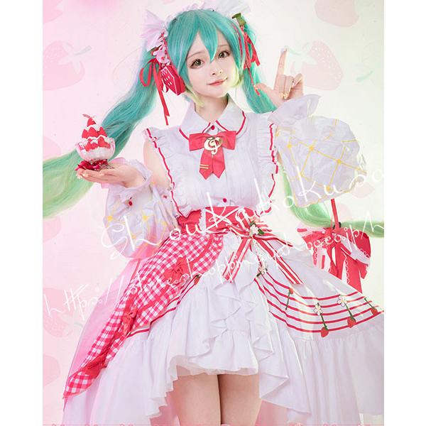 初音ミク 風 vocaloid 15周年記念 いちごのスカート 初音ミク コスプレ衣装ウィッグcos靴 osplay 変装 仮装 コスチューム 撮影 祭り_14