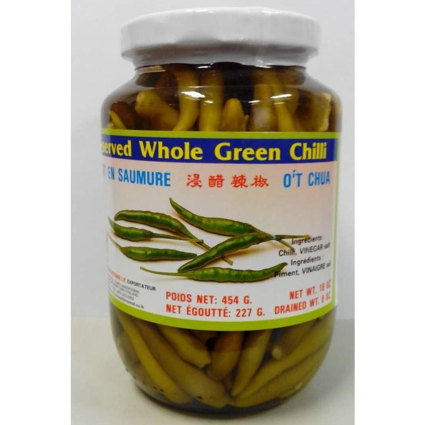 横浜中華街 スリーシェフ ピクルドグリーンチリ（瓶詰）浸醋辣椒、454g、激辛、青唐辛子酢漬♪ 200greenchili紹興酒・中華食材
