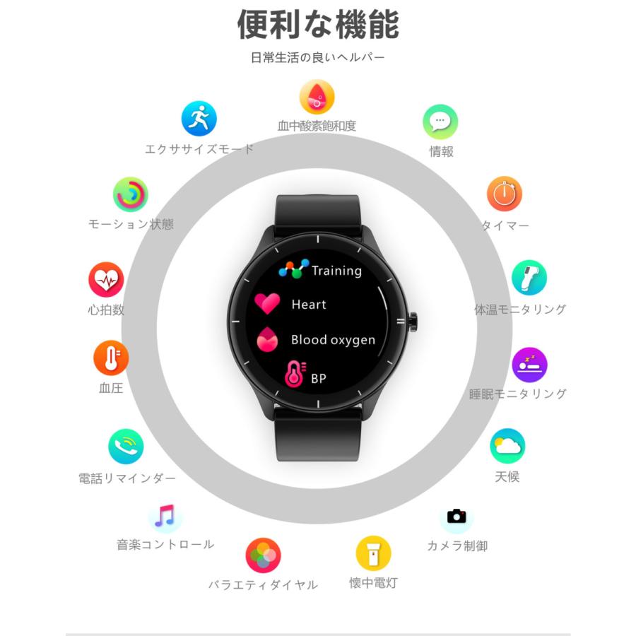 スマートウォッチ 日本語 メンズ レディース 体温測定 血圧測定 血中酸素 心拍計 活動量計 健康管理 腕時計 円型 着信通知 睡眠検測 iphone android 対応 line｜shouun｜20