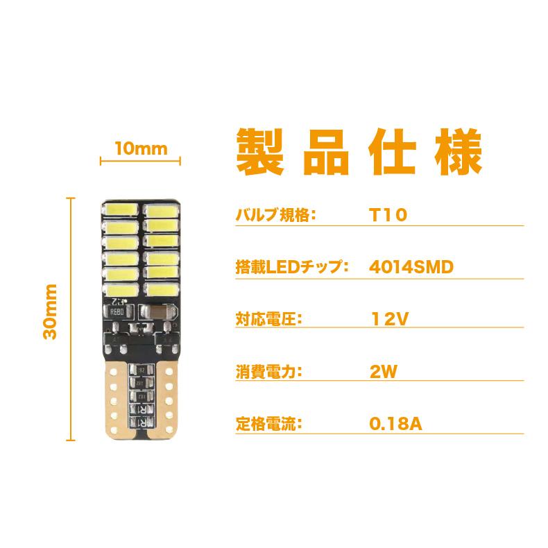 1個入 爆光 高輝度 LEDバルブ W5W T10 4014SMD 24連 球切れ警告灯 キャンセラー内蔵 無極性 ポジション ナンバー灯 ルーム ホワイト アイスブルー レッド ブルー｜shouun｜04