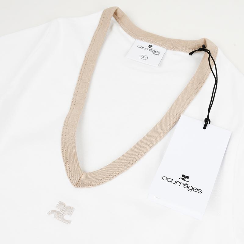 Courreges - Courrèges/Courreges クレージュ ホワイト VネックTシャツ 224JTS137JS0070 イタリア正規品 新品 ホワイト courreges（クレージュ） ホワイト コントラスト VネックTシャツ