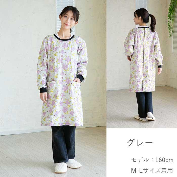 裏フリース キルト かっぽう着 ロング丈 レディース 冬 あったか 防寒 スモック 長袖 おしゃれ 可愛い 花柄 ブラック グレー M-L LL-3L 大きいサイズ 掃除 保温 | Show-pla | 10