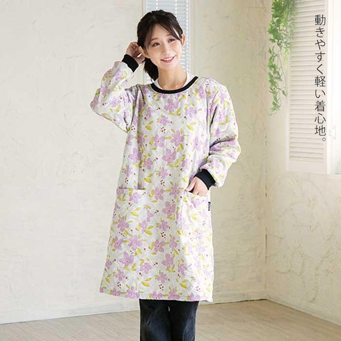 裏フリース キルト かっぽう着 ロング丈 レディース 冬 あったか 防寒 スモック 長袖 おしゃれ 可愛い 花柄 ブラック グレー M-L LL-3L 大きいサイズ 掃除 保温 | Show-pla | 04