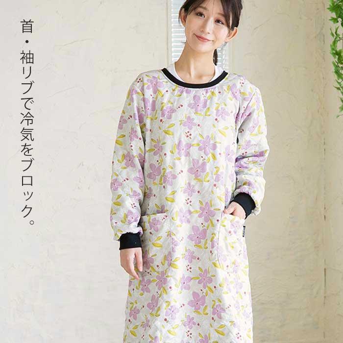 裏フリース キルト かっぽう着 ロング丈 レディース 冬 あったか 防寒 スモック 長袖 おしゃれ 可愛い 花柄 ブラック グレー M-L LL-3L 大きいサイズ 掃除 保温 | Show-pla | 05