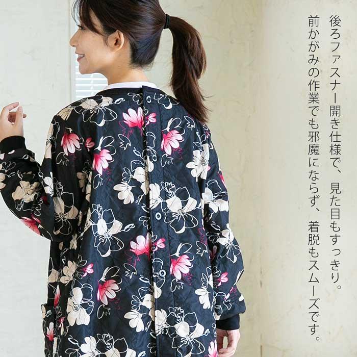 裏フリース キルト かっぽう着 ロング丈 レディース 冬 あったか 防寒 スモック 長袖 おしゃれ 可愛い 花柄 ブラック グレー M-L LL-3L 大きいサイズ 掃除 保温 | Show-pla | 06