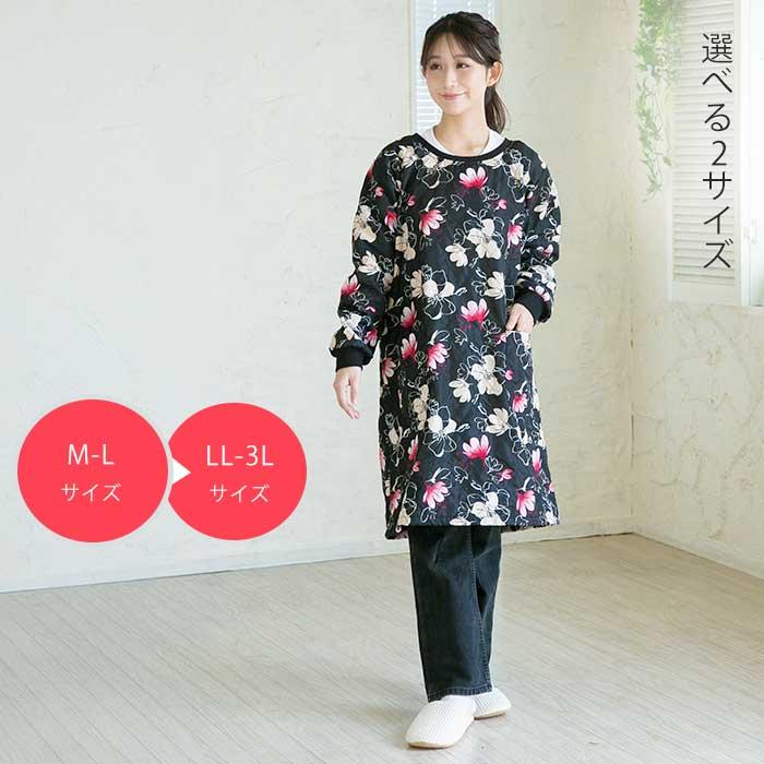 裏フリース キルト かっぽう着 ロング丈 レディース 冬 あったか 防寒 スモック 長袖 おしゃれ 可愛い 花柄 ブラック グレー M-L LL-3L 大きいサイズ 掃除 保温 | Show-pla | 07