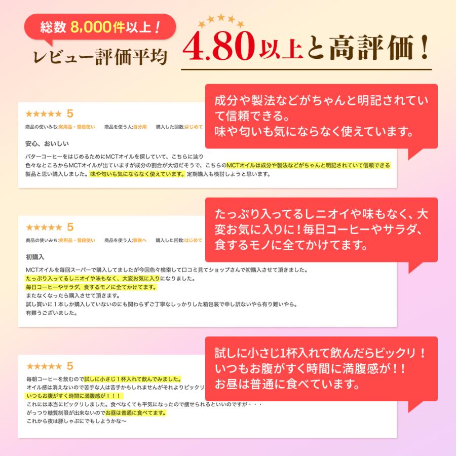 MCTオイル 仙台勝山館 フレッシュボトル 300g 2本 | 特別送料無料 | 中鎖脂肪酸油 100% 無味無臭 ココナッツ由来 植物油 糖質ゼロ 健康｜shozankan-cocoil｜07