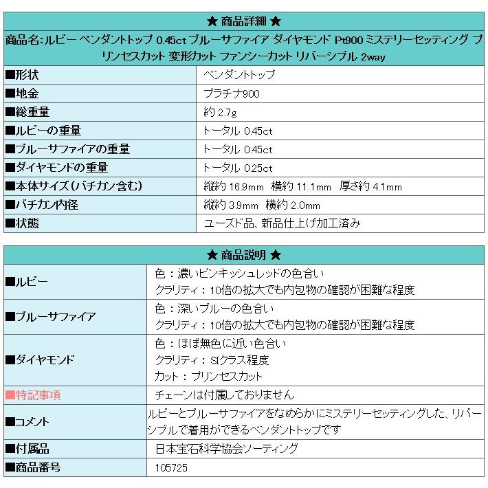 ルビー ペンダントトップ サファイア ダイヤモンド Pt900 ミステリーセッティング プリンセスカット 送料無料 美品 中古 SH105725｜sht-ys｜07