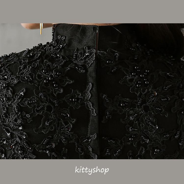 新品未使用ブラックロングドレス Lace Ladies ロングドレス ワンピース レディース 七分袖ドット