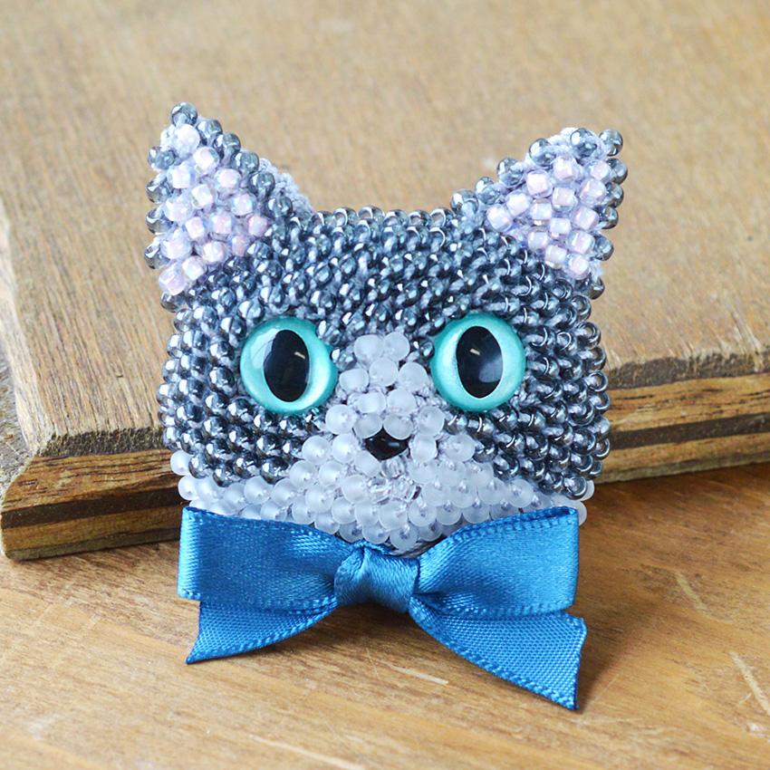 MIYUKI ビーズクロッシェ ビーズ編みの猫ブローチキット 白猫 黒猫