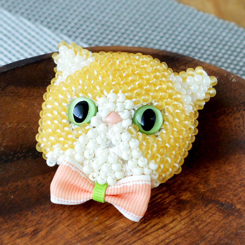 MIYUKI ビーズクロッシェ ビーズ編みの猫ブローチキット クリーム