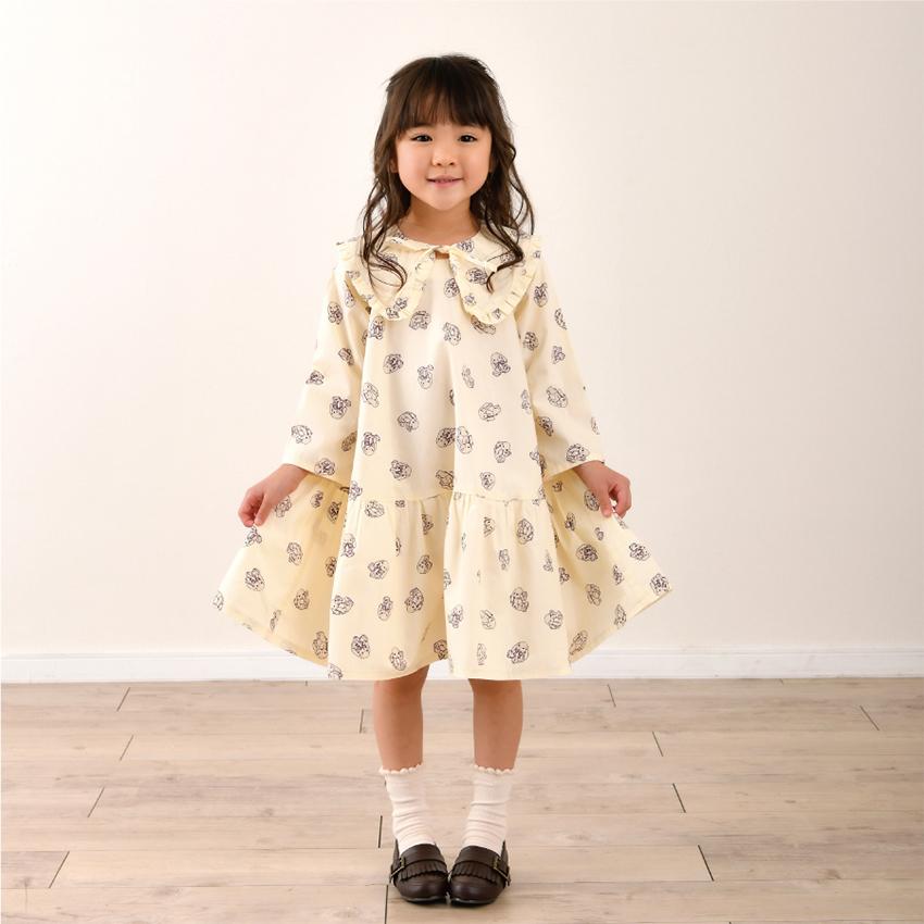 ハンドメイド　ウエストギャザーワンピース120、90cm つけ襟セット milk latte 実物大パターン/キッズのギャザーワンピと付け襟 | レシピ