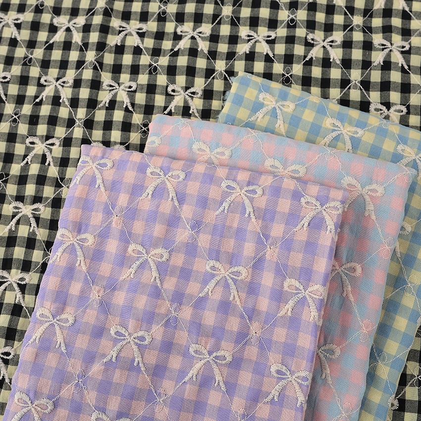 生地 布 カラフルチェックリボン刺繍 130×50cm カットクロス | 布地