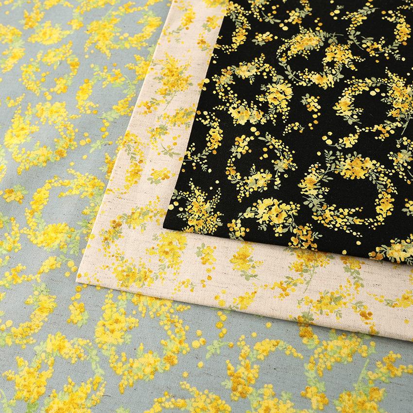 One flower ミモザ柄 綿麻シーチング 50cm単位 | 切売り 切り売り 生地