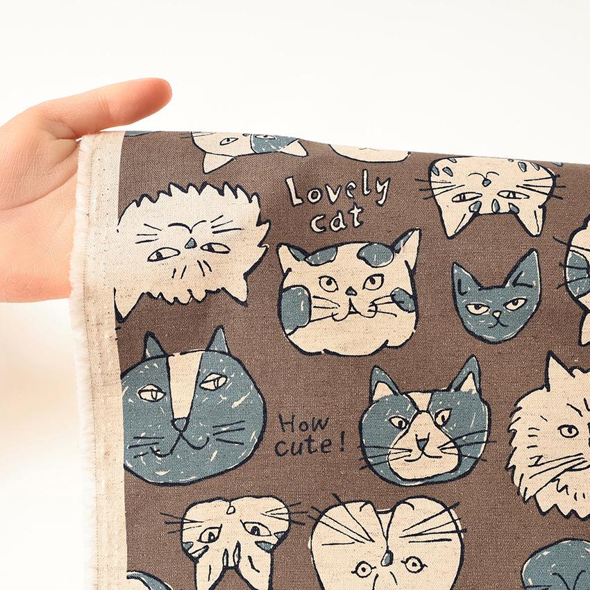 Doodle Animal Cats face 綿麻キャンバス 50cm単位 | 切売り 切り売り