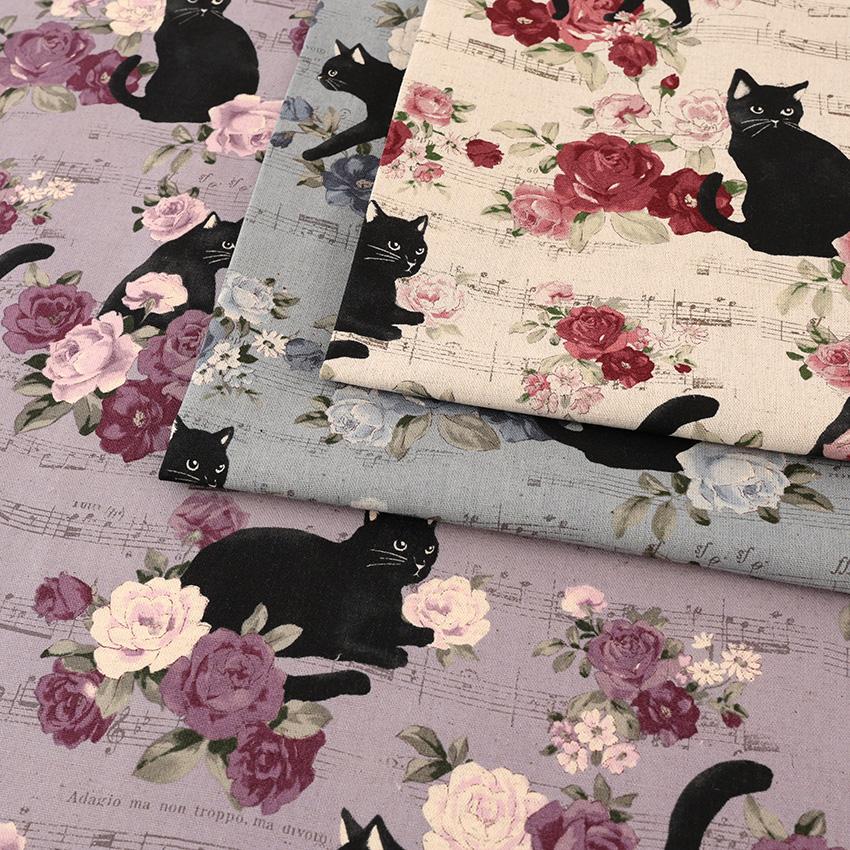 黒猫とバラ柄 綿麻キャンバス 50cm単位｜切売り 切り売り 生地 布 布地 