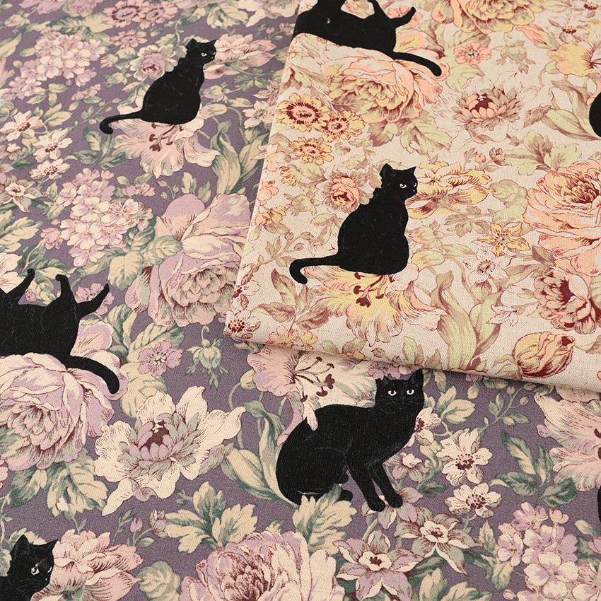 黒猫ボタニカル 綿麻キャンバス 50cm単位｜切売り 切り売り 生地 布