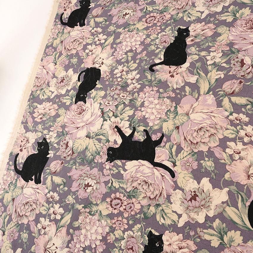 黒猫ボタニカル 綿麻キャンバス 50cm単位｜切売り 切り売り 生地 布