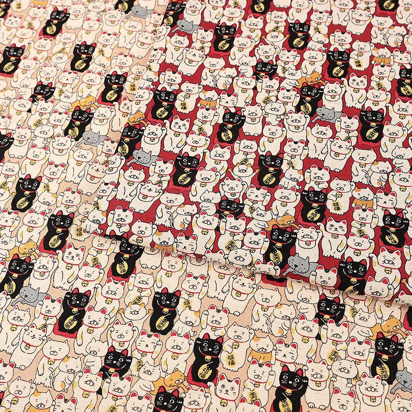 招き猫 綿麻キャンバス 50cm単位 | 切売り 切り売り 生地 布 布地