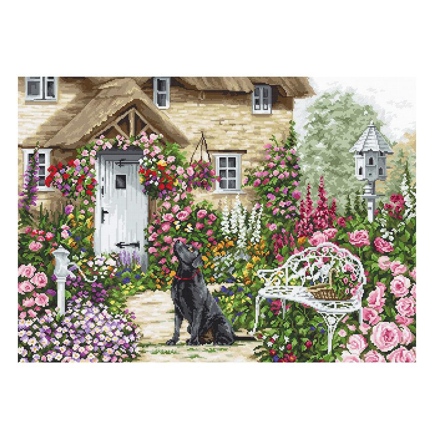 刺繍 輸入キット ルーカス The Cottage Garden コテージの庭 B2377 注目輸入刺繍 メーカー再生品 お花 ラブラドール 話題の人気 ガーデン クロスステッチキット 黒い犬