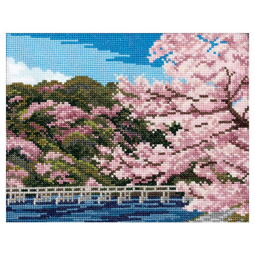 COSMO クロスステッチキット めぐる季節と日本の風景 渡月橋と桜 522001 | 刺繍キット 9カウント 6本取り 刺しゅう キット 景色 さくら 春｜shugale1