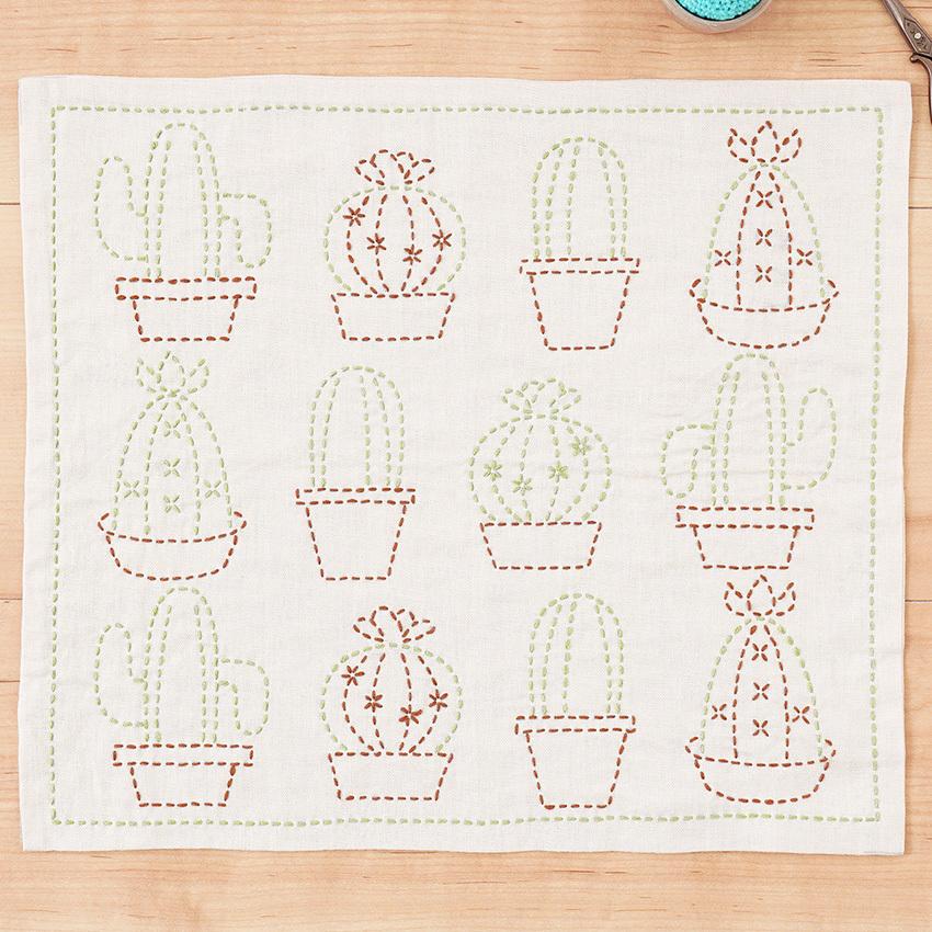 刺し子キット ふきん 白 ＜サボテン＞ 3541UV10314-8 日本製 約30×34cm