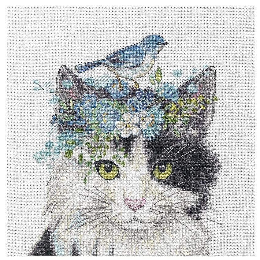 輸入刺繍 Dimensions 70-35433 Floral Crown Cat 花冠の猫