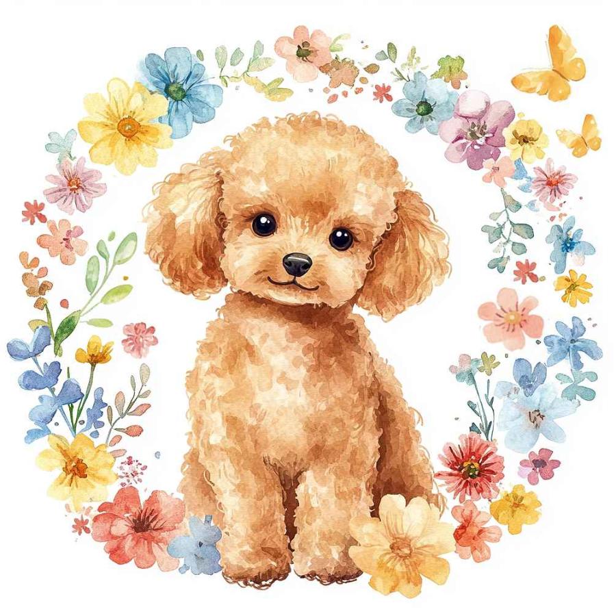 ダイヤモンドアート トイプードル 犬とリース 花 四角ビーズ